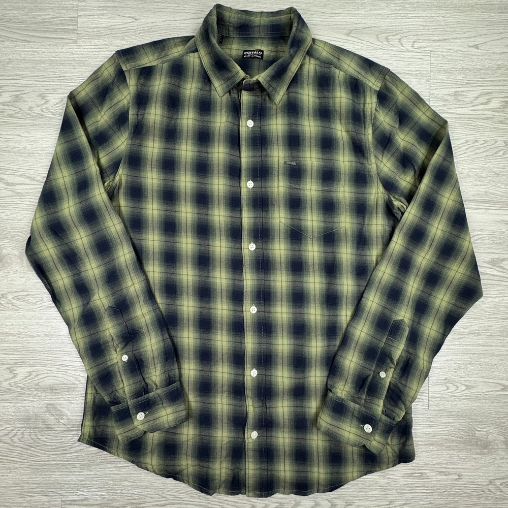 Buffalo David Bitton Men's‎ Button Down Shirt Plaid Olive Green Navy Medium